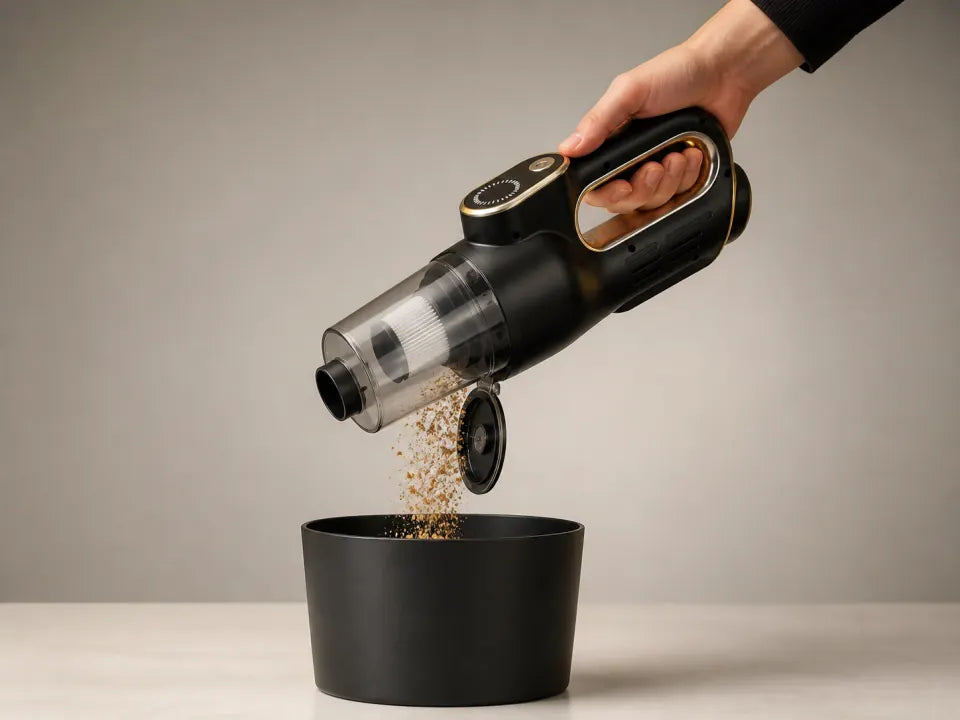 Emptying the Luminoire dust cup into a bin