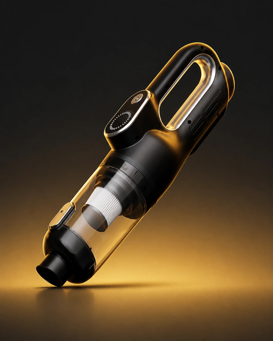 Luminoire AutoCare vacuum standing upright in a black and gold studio