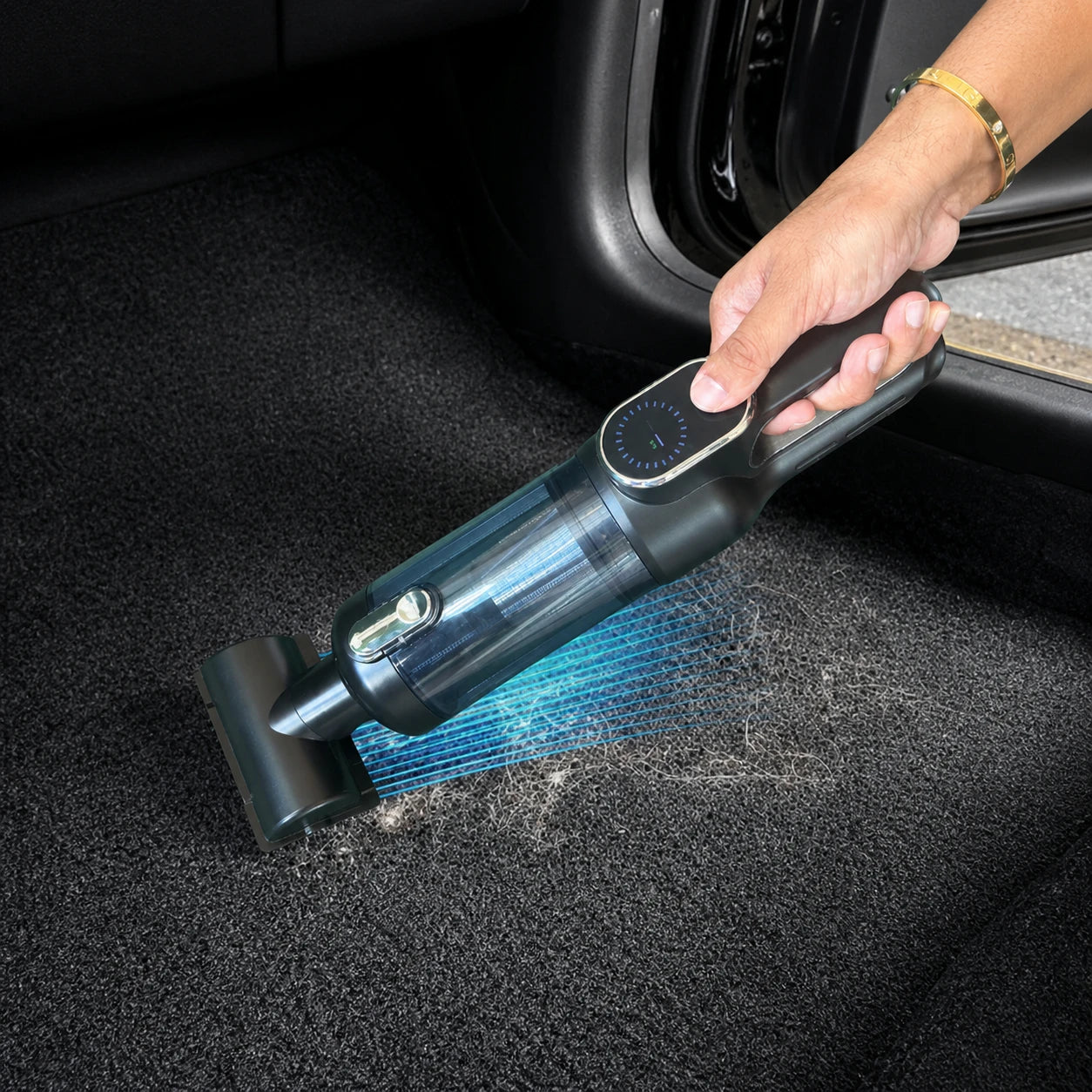 Luminoire AutoCare vacuum lifting embedded debris from car carpet