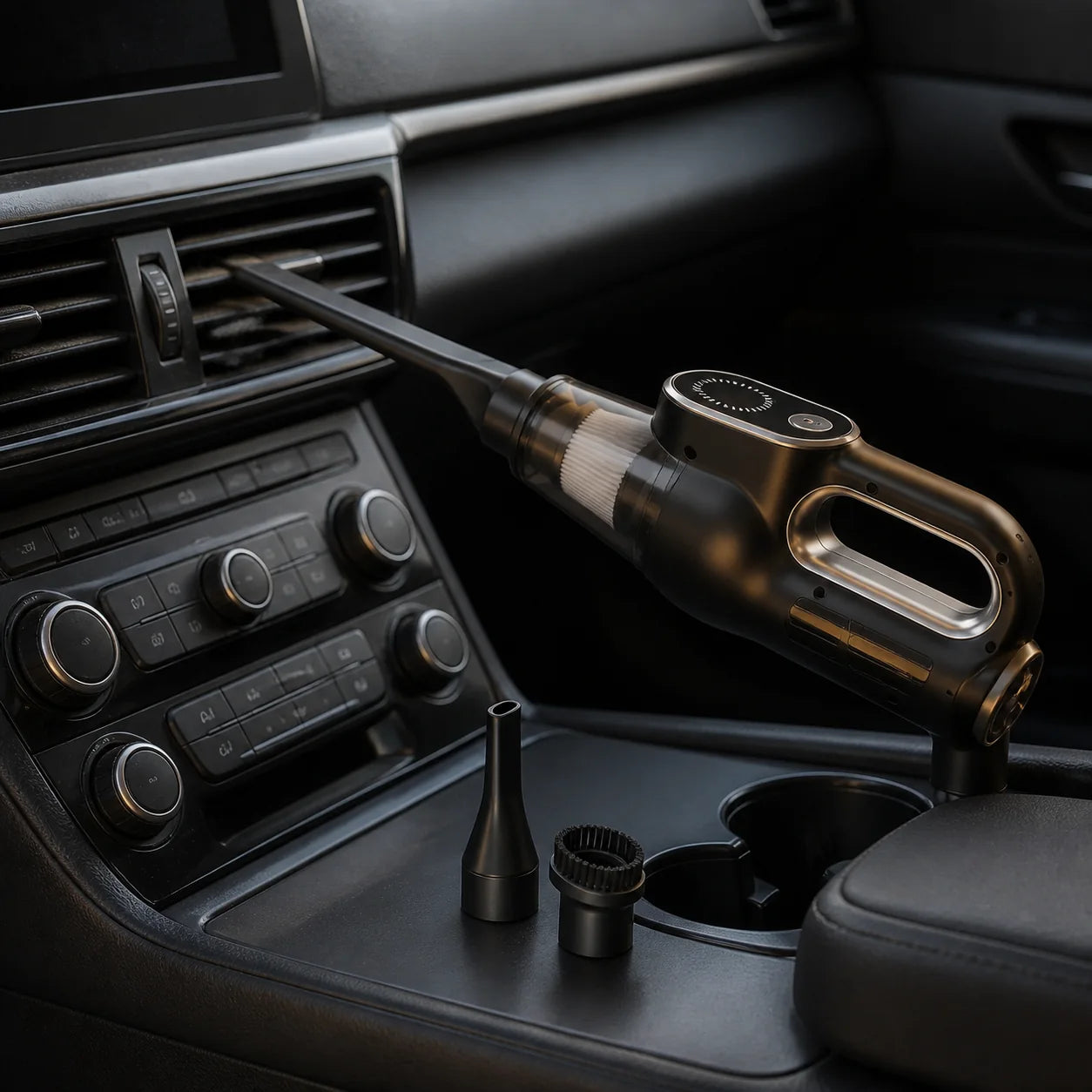 Luminoire air duster clearing a dashboard vent